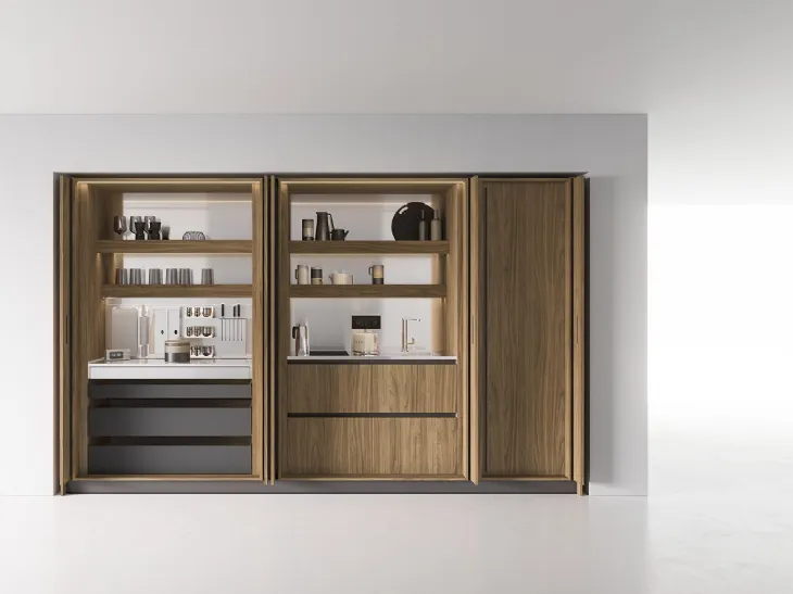 Cucina Moderna lineare Ante Rientranti 01 in noce naturale di Valdesign