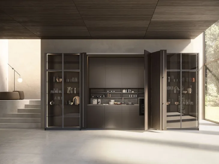 Cucina Moderna lineare a scomparsa in laccato con ante in rovere carbone Sesamo 02 di Valdesign